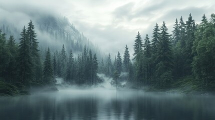 Fototapeta premium Misty mountain lake scene