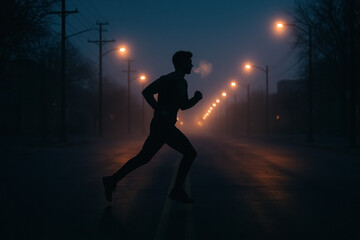 Silhouette of man running at dawn in foggy city street. Motivation and determination. generative AI