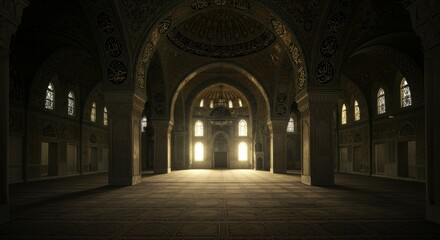 Obraz premium Majestic mosque interior bathed in sunlight