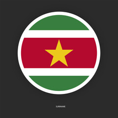 Suriname circle flag icon with shadow on dark background. Suriname button icon with white border isolated dark grey background	
