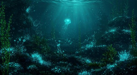 Obraz premium Underwater scene with glowing flora and fauna