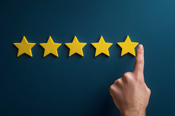 Hand selecting five stars for a rating. Customer feedback, satisfaction, and excellence concept.