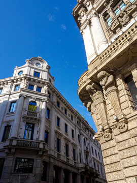 Historic buildings along via Meravigli in Milan, Italy