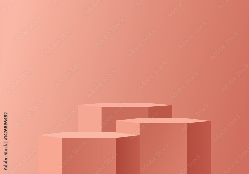 Aufkleber Coral red hexagon podium display with three geometric platforms on soft gradient background, modern minimal style for product presentation or exhibition, calm and elegant mood