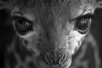 Black and white close-up showcasing the face of a young giraffe highlighting its large expressive eyes and intricate facial details.