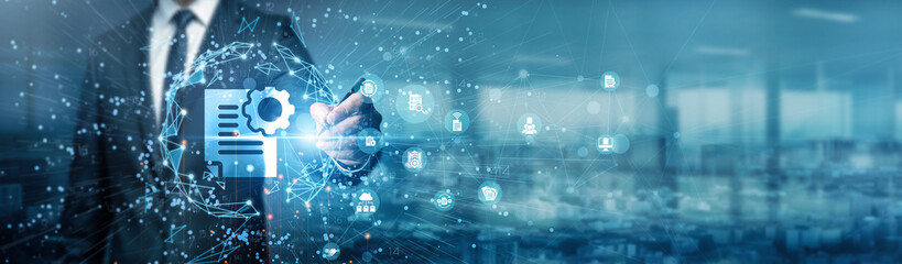 Hand of businessman drawing graphs document management organizes, stores, tracks, and retrieves electronic and physical documents securely, efficiency, and collaboration across an organization.