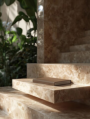 Marble steps adorned with a book lush green plants providing a natural backdrop bathed in soft sunlight.
