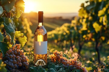 Fototapeta premium White wine bottle in a vineyard at golden hour with grapes and lush greenery
