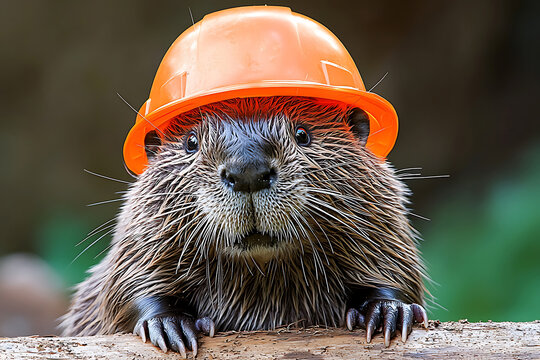 Cute beaver wearing an orange construction helmet peers over a log with a blurred green background.