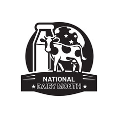 National Dairy Month Silhouette Vector Illustration, Solid White Background.