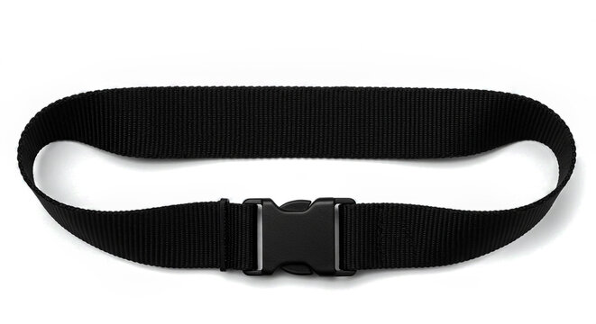 A black nylon strap with a plastic buckle isolated on a white background for use in various applications