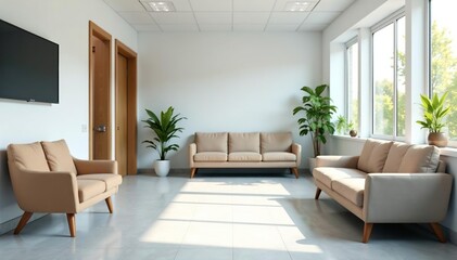 A clean and modern doctor's office waiting area, showcasing comfortable seating and calming decor , peaceful, interior, building