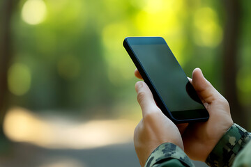 Close-up of hands holding a smartphone screen facing up against a blurred backdrop of green foliage and sunlight.