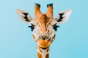 A close-up of a giraffe's head showcasing its striking eye detailed facial features and distinctive patterned coat against a blue backdrop.