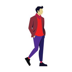 Man in fashionable outfit walking in profile view.