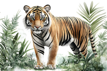 A regal tiger stands amidst lush tropical foliage its striped coat contrasting with the vibrant green surroundings.