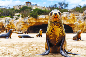 A curious sea lion pup sits upright on a sandy beach with others and a rocky cliffside in the background.