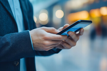 A man in a suit uses a smartphone focused on the screen in a blurred modern environment.