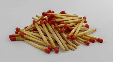 A clustered pile of wooden matches with red tips on a clean white background