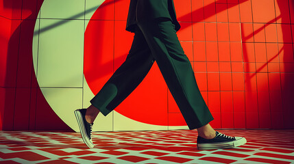 Person walking past a red and white patterned wall wearing black shoes and dark green trousers illuminated by bright light.