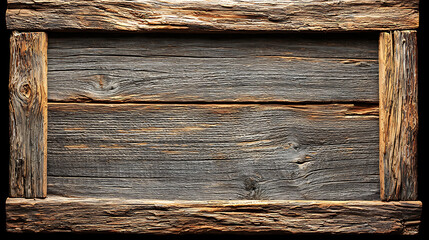 Rustic wooden frame made of aged weathered planks and timbers displaying natural wood grain patterns.