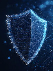 Digital Shield: Abstract representation of security composed of glowing nodes and connected lines on a dark background.