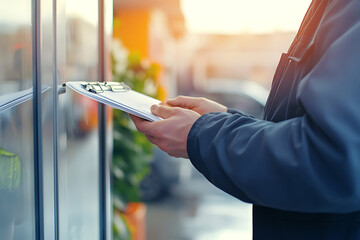 Man in coat holding clipboard against building possibly inspecting or taking notes in warm sunlight.