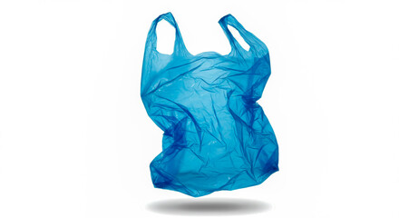 Fototapeta premium A floating blue plastic shopping bag isolated on white background representing waste and pollution