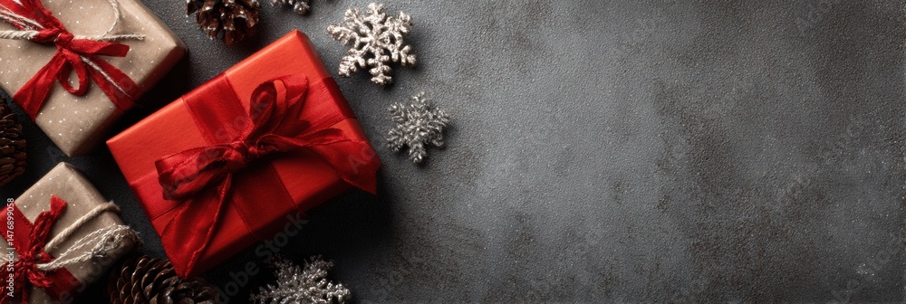 Poster gift boxes arranged with pine cones and snowflakes creating a festive holiday atmosphere on a dark s