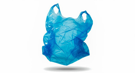 Obraz premium Blue plastic shopping bag floating against a clean white background with shadows below