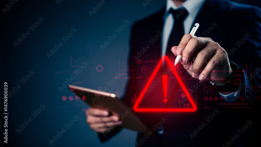 Poster business cyber alert concept with glowing triangle symbol. represents warning, error, system risk, a