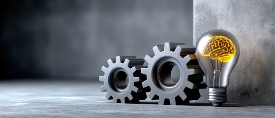 business corporate innovation concept. Lightbulb with brain design next to gears, symbolizing innovation and creativity in technology and industry.