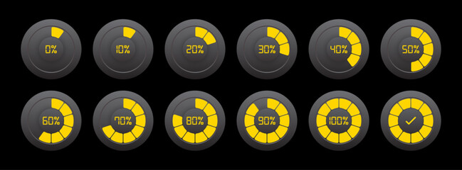 Infographic circle with 0 to 100 percent indicator in yellow and grey color. Set of circle percentage diagrams for infographics 0 10 20 30 40 50 60 70 80 90 100 percent. Circle loading progress set.