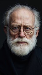 Elderly caucasian male with glasses and white beard on dark background