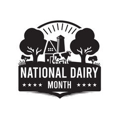 National Dairy Month Silhouette Vector Illustration, Solid White Background.