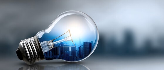 business corporate innovation concept. Light bulb with cityscape inside, representing innovation and urban development.