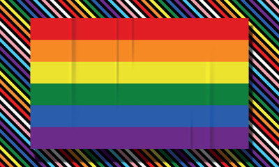 LGBTq rainbow flag banner on striped colorful background vector illustration.