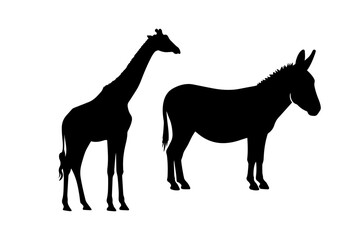 A black giraffe silhouette vector illustration depicts a wild mammal isolated in nature