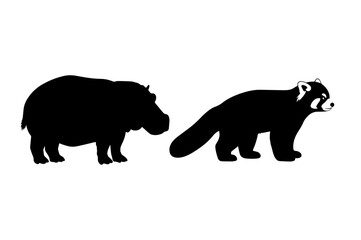 Black and white vector illustration shows silhouettes of a wild bear, a mammal animal