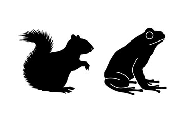 A cute vector illustration shows a black silhouette of a wild squirrel and a pet dog