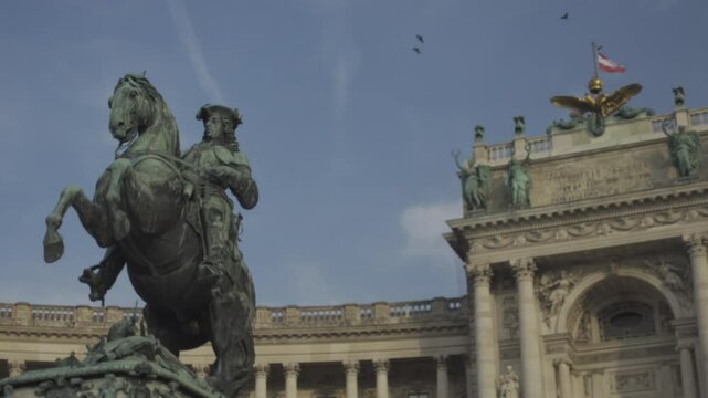 Bronze sculpture Prince Eugene Equestrian Statue Prinz Eugen Reiterdenkmal, Heldenplatz, Wien, Vienna, Republic of Austria. Prince Eugene bronze equestrian statue at Heldenplatz, Vienna, Austria. 