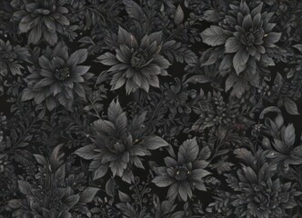 Intricate charcoal floral pattern, abstract botanical design, dark grey, vintage