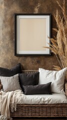 Modern wicker sofa with cushions and blank frame in stylish living room with earth tones