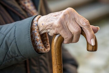 Elderly person gripping wooden walking cane closeup of wrinkled hand indoor environment focused viewpoint on aging and support