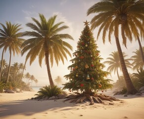 Obraz premium Ornate Christmas tree amidst palm trees on sandy shore, exotic holiday , surreal, exotic