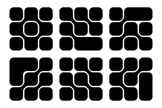 Set of metaball patterns. Black liquid drops or morph shapes isolated on white background. Neurons or molecules texture. Modern abstract print with connected dots. Vector graphic illustration.