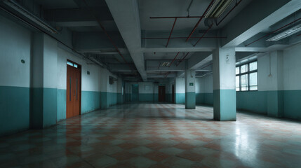 Fototapeta premium Abandoned building interior features aged tile floor, industrial piping, and faded paint, suggesting a history of neglect in a desolate and eerie setting.