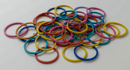 Fototapeta premium Vibrant assortment of colorful rubber bands scattered on a clean white surface with neutral background