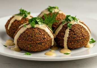 Crispy golden falafel balls topped with fresh herbs and creamy tahini sauce on a white plate, perfect for vegetarian cuisine or healthy eating