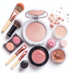 Arrangement of various makeup products and brushes on white background